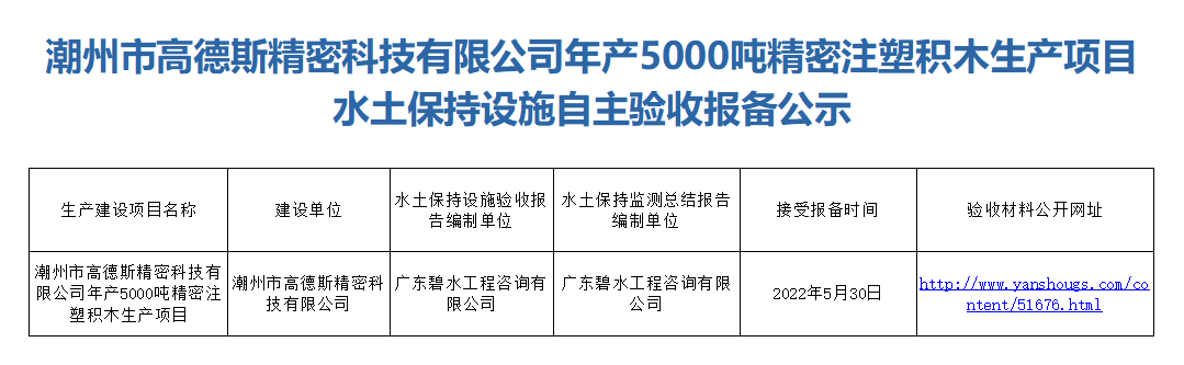 潮州市高德斯精密科技有限公司年产5000吨精密注塑积木生产项目水土保持设施自主验收报备公示.png